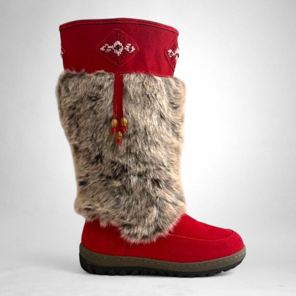 WANDERLUST Nika Red Suede Faux Fur Winter Boots, NWT! Size 9.5 Wide - Picture 1 of 9